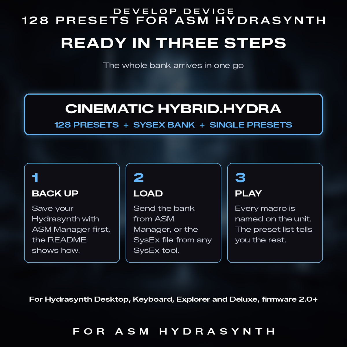 Cinematic Hybrid for ASM Hydrasynth: three steps to load the bank