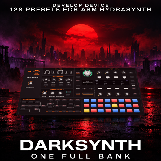 Darksynth: 128 Hydrasynth Presets, cover with the ASM Hydrasynth Desktop