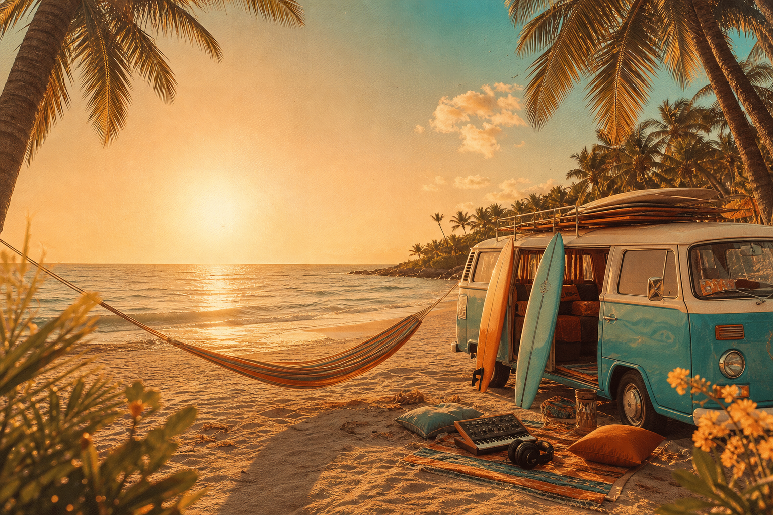 Vintage summer beach scene with a turquoise camper, surfboards and a synthesizer