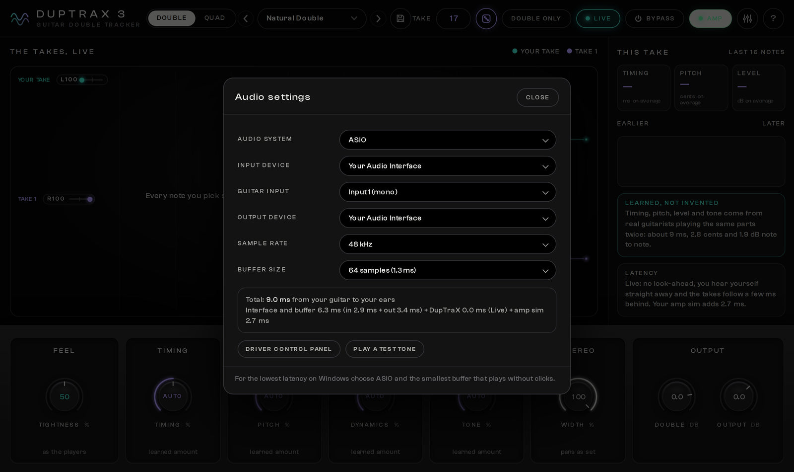 DupTraX 3 Live mode: Play through it, with zero latency