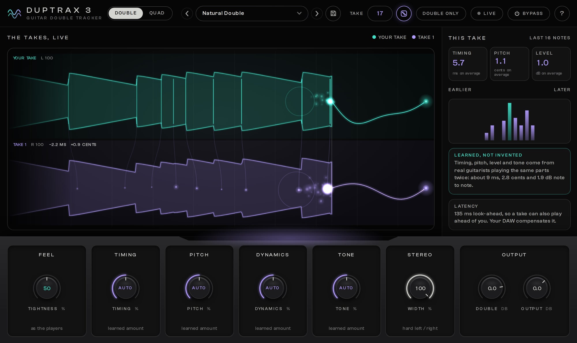 DupTraX 3 playing a double: your take and a new take, each note with its own timing, pitch and level