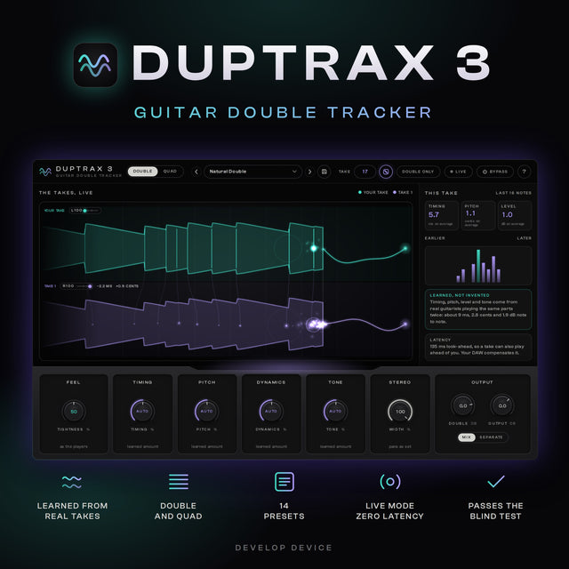 DupTraX 3 guitar double tracker plugin: learned from real double-tracked takes, Double and Quad, 14 presets, Live mode