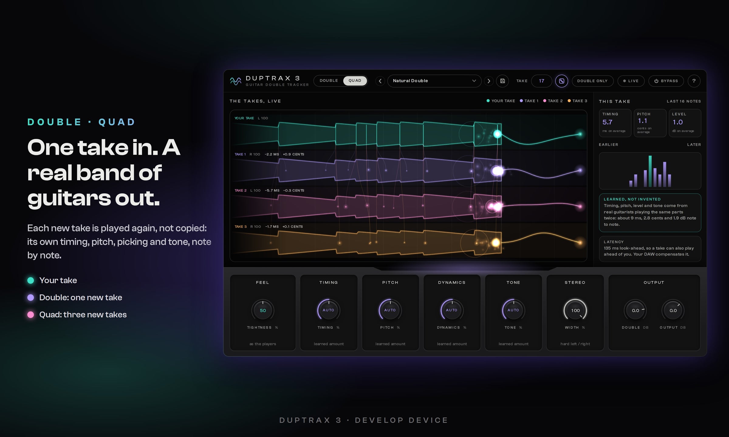 DupTraX 3 in Quad mode: your take and three new takes, each played with its own timing, pitch and tone
