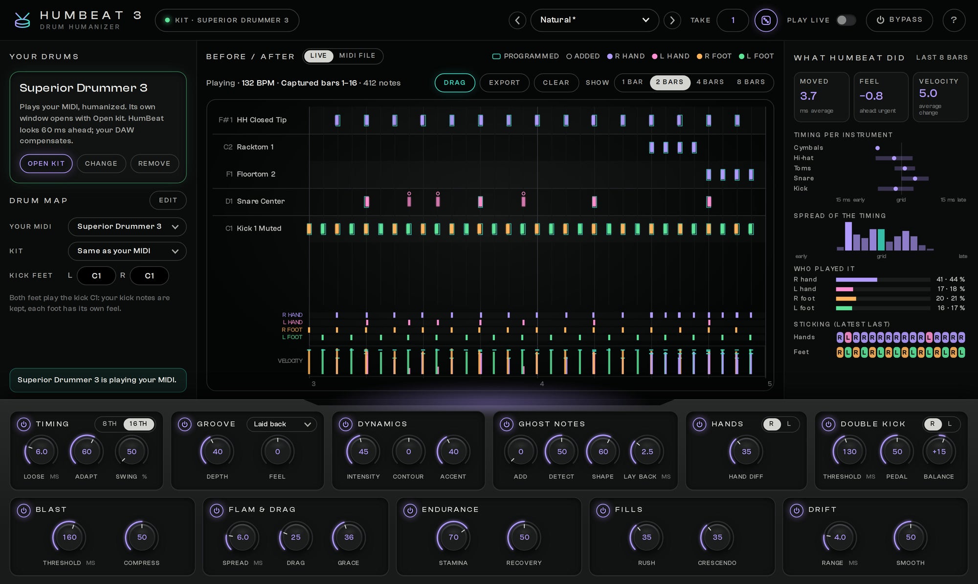 HumBeat 3 playing a drum plugin: every note coloured by the hand or foot that played it