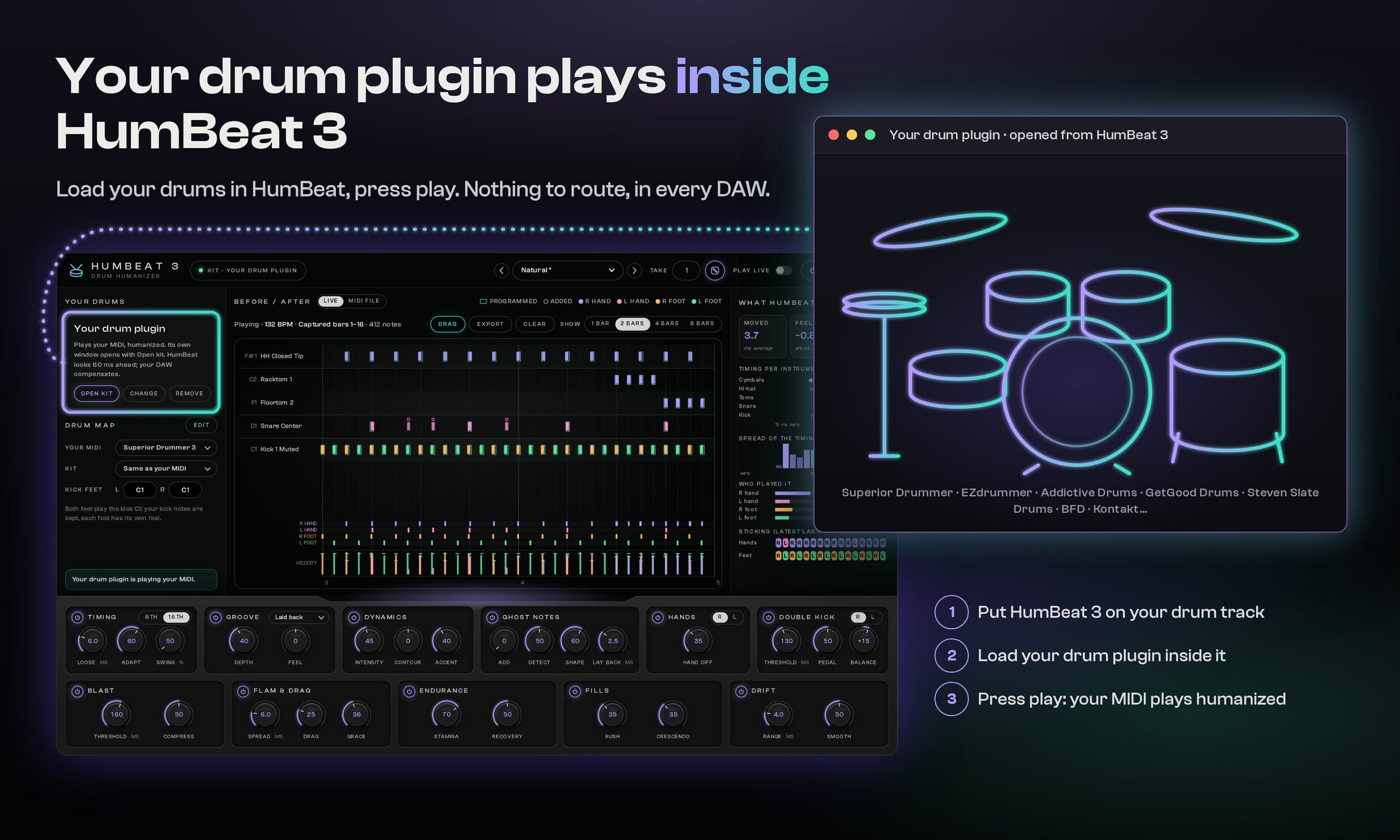 Your drum plugin plays inside HumBeat 3: nothing to route, in every DAW
