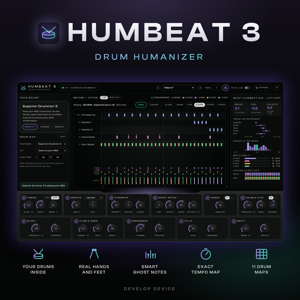 HumBeat 3 drum humanizer plugin with your drum plugin inside