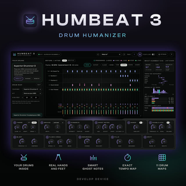 HumBeat 3 drum humanizer plugin with your drum plugin inside