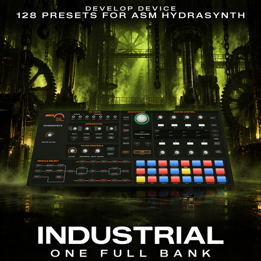 Industrial: 128 Hydrasynth Presets, cover with the ASM Hydrasynth Desktop