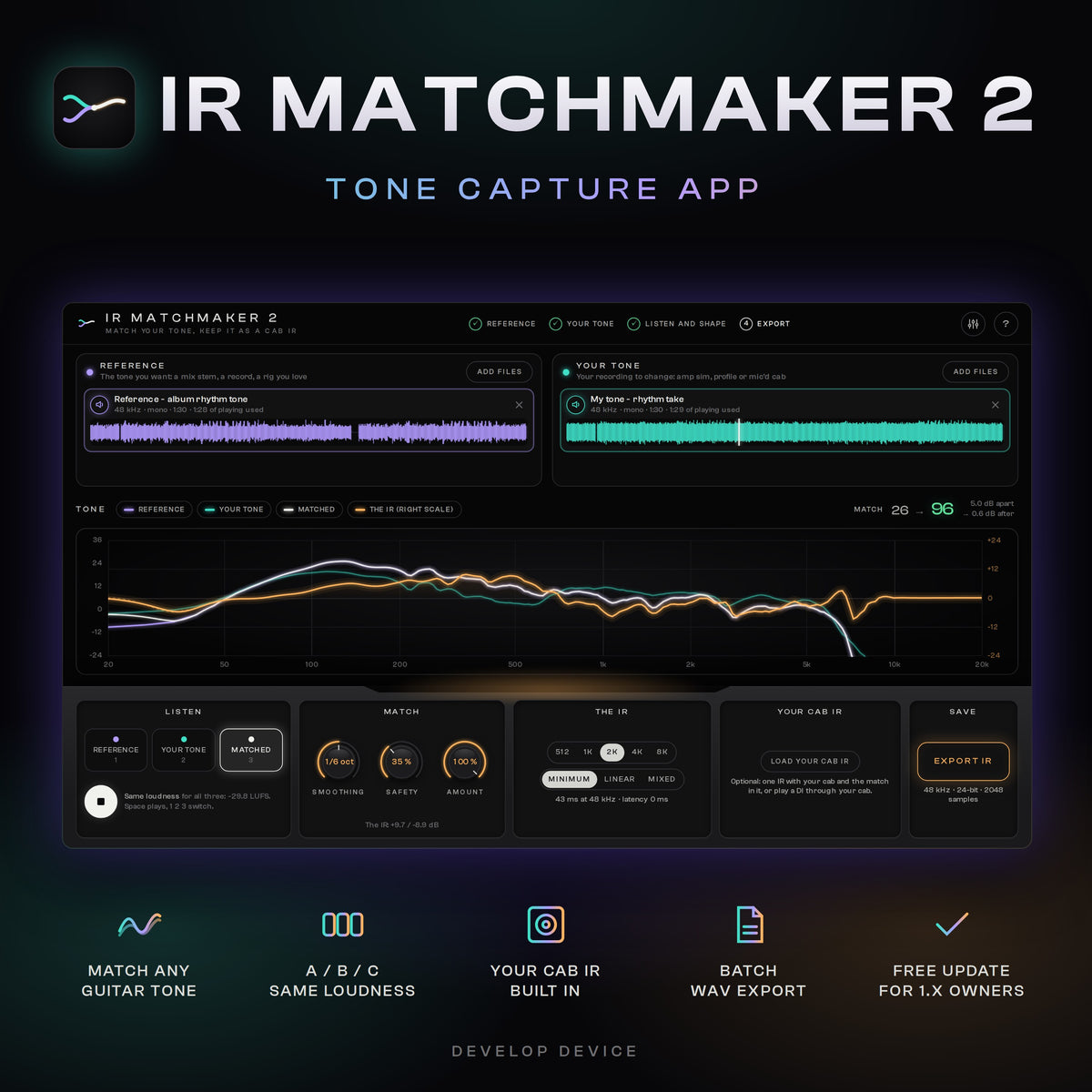 IR MatchMaker 2 tone capture app: match any guitar tone, A/B/C listening at the same loudness, your cab IR built in, batch WAV export