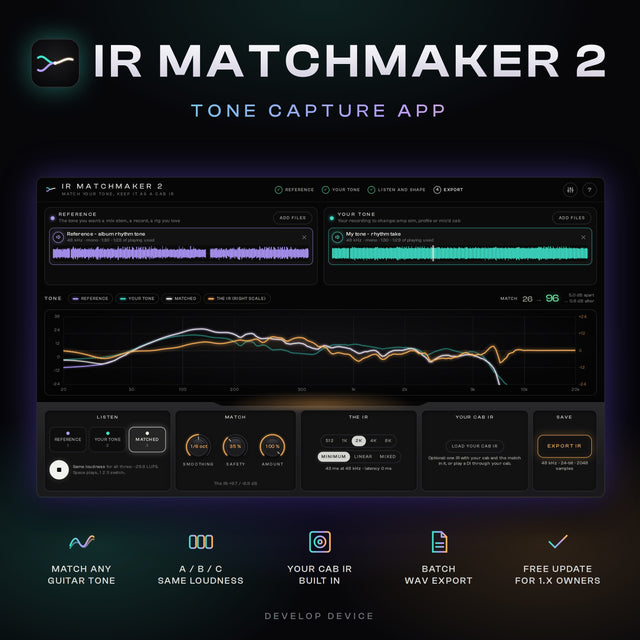 IR MatchMaker 2 tone capture app: match any guitar tone, A/B/C listening at the same loudness, your cab IR built in, batch WAV export
