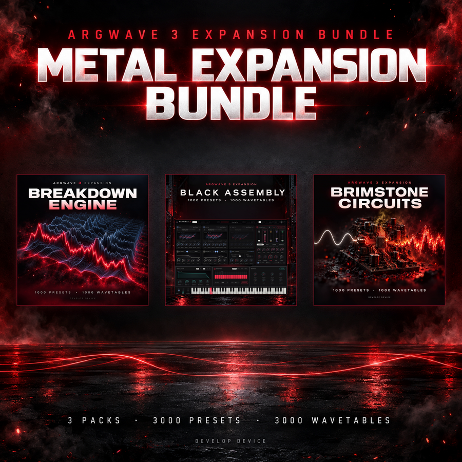 Metal Expansion Bundle: the three ArgWave 3 expansions Breakdown Engine, Black Assembly and Brimstone Circuits, 3000 presets and 3000 wavetables