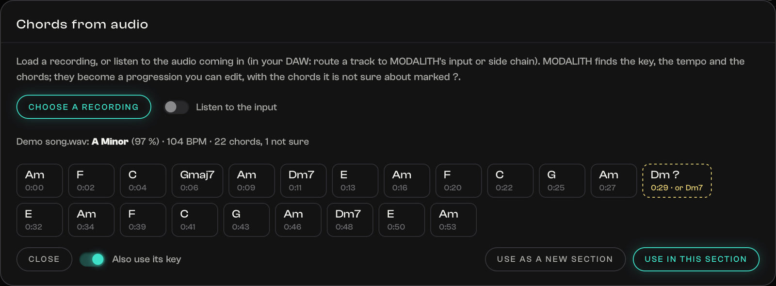 MODALITH reading the key, the tempo and the chords of a recording, with the uncertain chords marked for checking