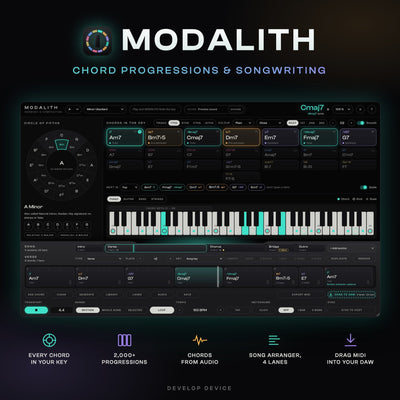 MODALITH chord progression and songwriting plugin by Develop Device: every chord in the key, 2,000+ progressions, chords from audio and a song arranger