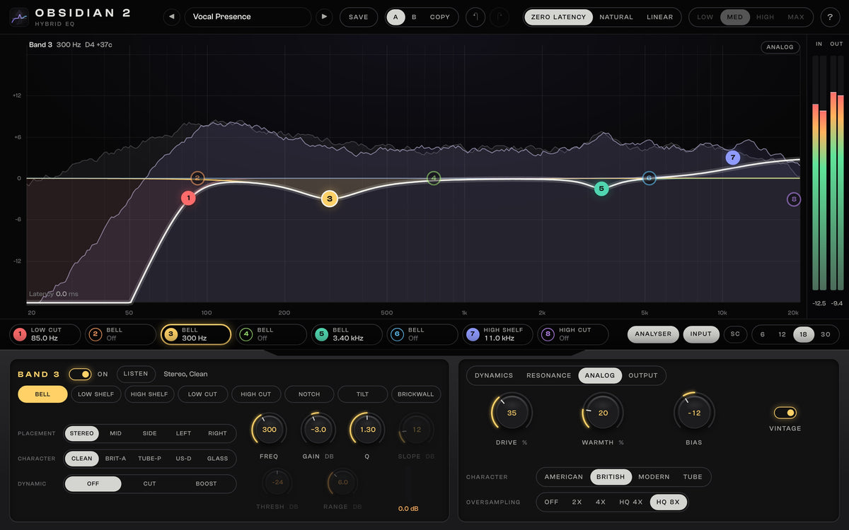 OBSIDIAN 2 analog colour stage: drive, warmth, bias, four console characters, vintage and up to 8x oversampling