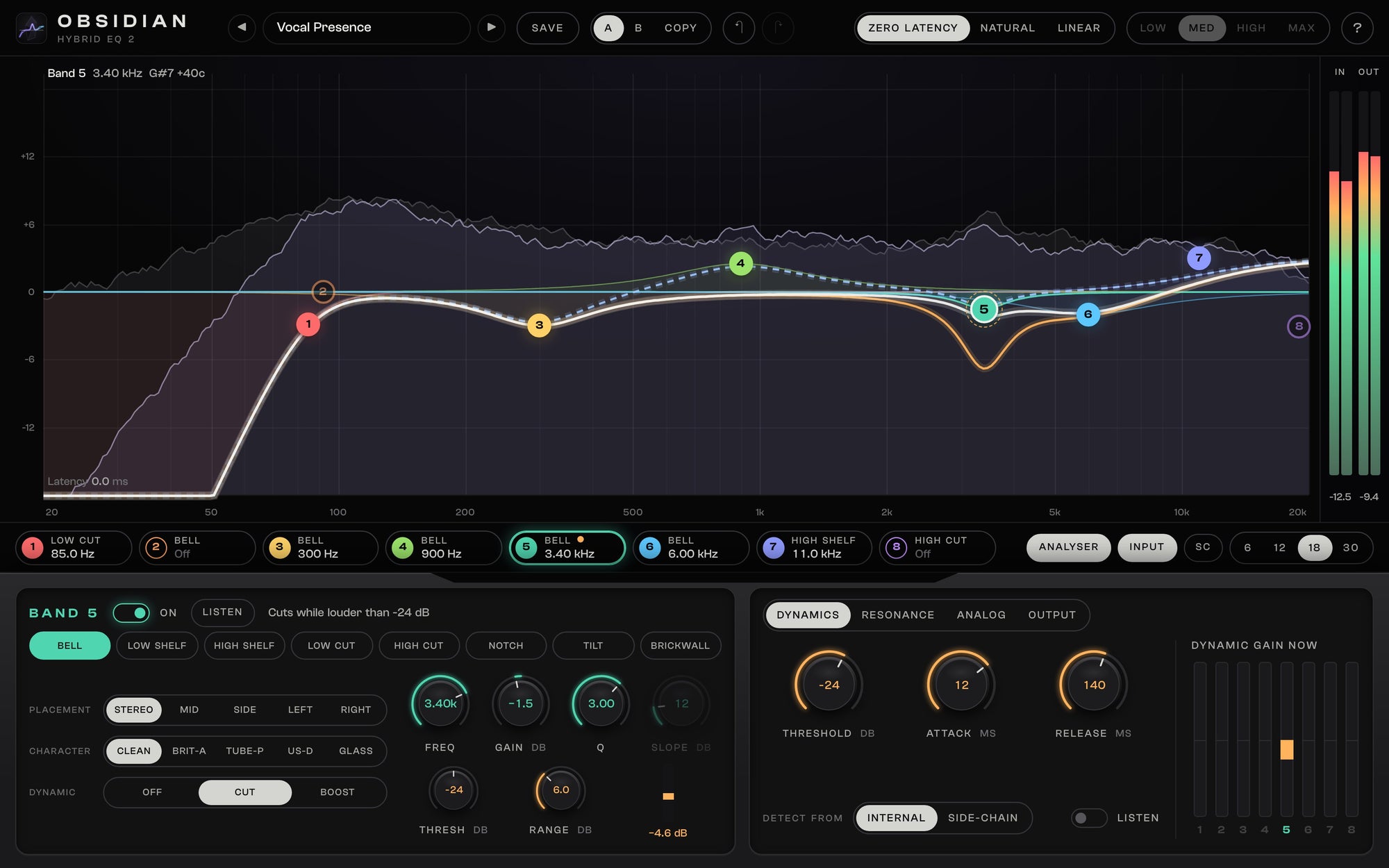 OBSIDIAN 2 on a vocal: a low cut, less mud, a dynamic band taming harshness at 3.4 kHz, mid and side bands and air on top, with the analyser behind the curve
