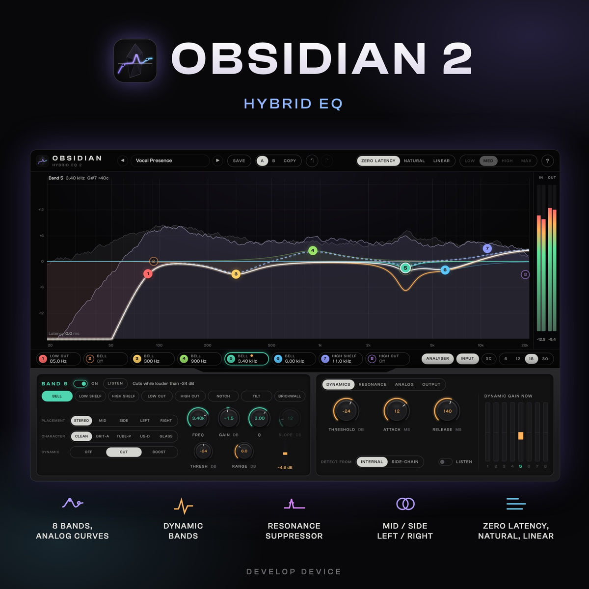 OBSIDIAN 2 hybrid EQ plugin: eight analog-style EQ bands, dynamic EQ, resonance suppressor, mid/side placement and zero latency, natural or linear phase
