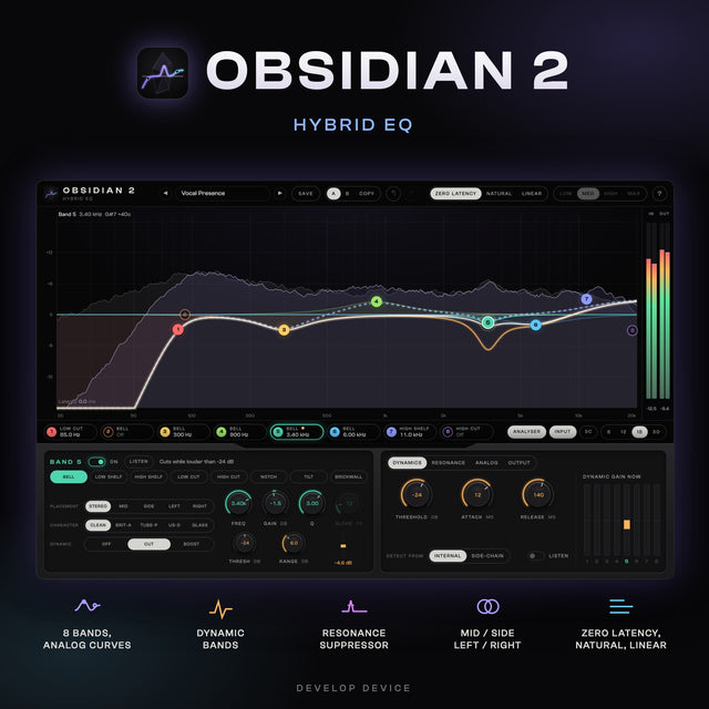 OBSIDIAN 2 hybrid EQ plugin: eight analog-style EQ bands, dynamic EQ, resonance suppressor, mid/side placement and zero latency, natural or linear phase