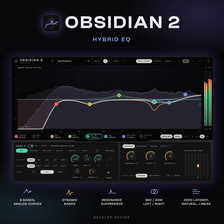 OBSIDIAN 2 hybrid EQ plugin: eight analog-style EQ bands, dynamic EQ, resonance suppressor, mid/side placement and zero latency, natural or linear phase