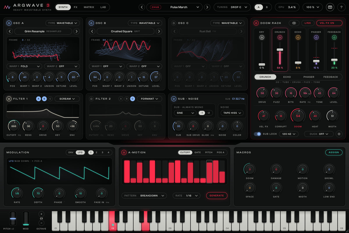 ArgWave 3 deck: envelopes and LFOs, the A-MOTION step sequencer and eight macros