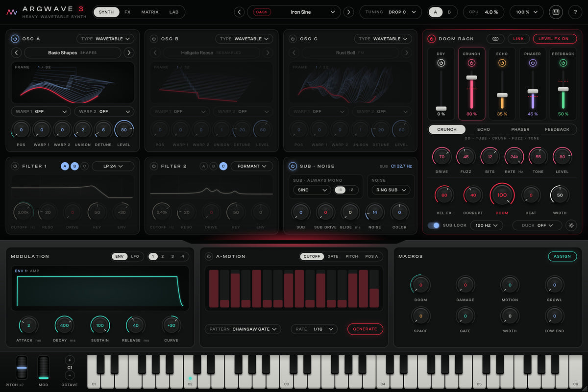 The ArgWave 3 DOOM RACK: Dry, Crunch, Echo, Phaser and Feedback faders opened by velocity, with the DOOM, Corrupt and Heat knobs