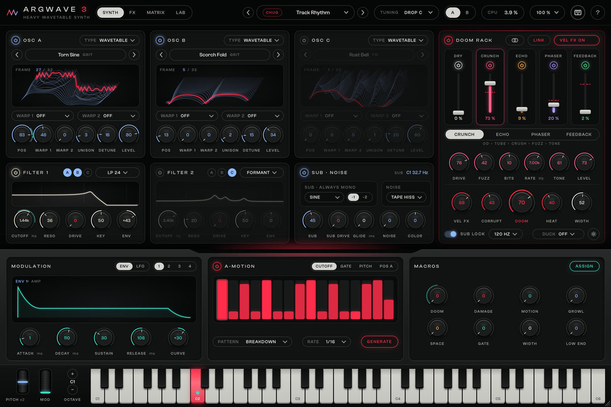 ArgWave 3 SYNTH page: three oscillators, two filters, sub and noise, the DOOM RACK, modulation, A-MOTION, macros and the keyboard