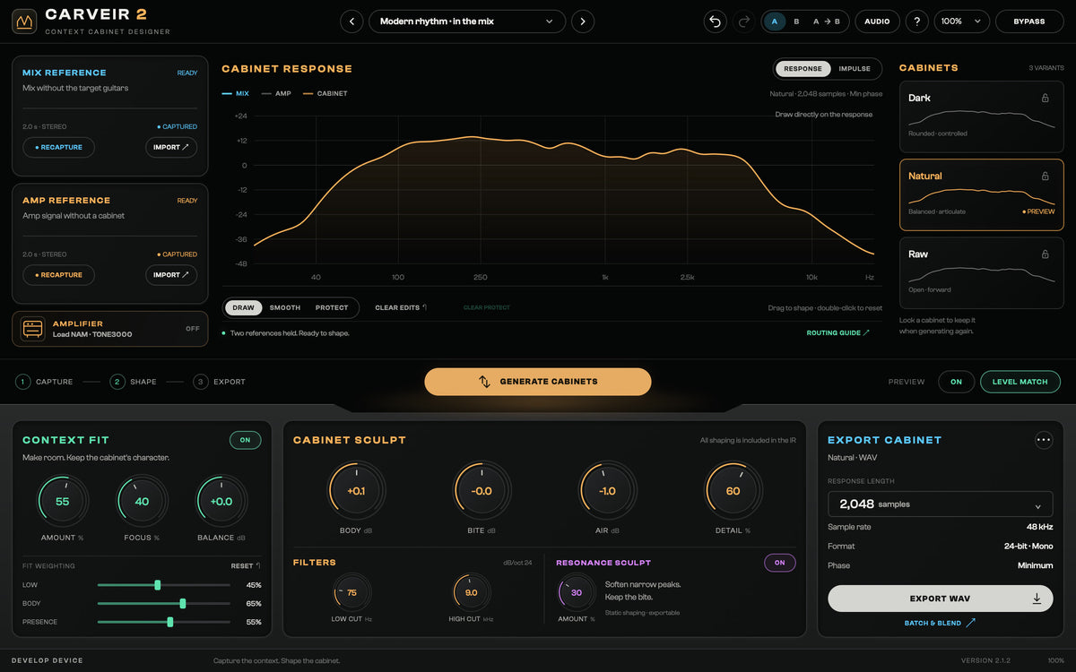 Cabinet and resonance shaping in the native CarveIR 2 editor