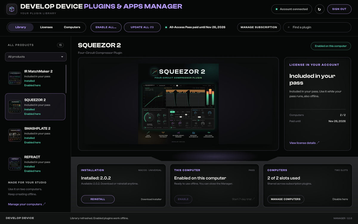 The Plugins & Apps Manager app with an active All-Access Pass: the paid until date at the top and every included plugin and app ready to install or update