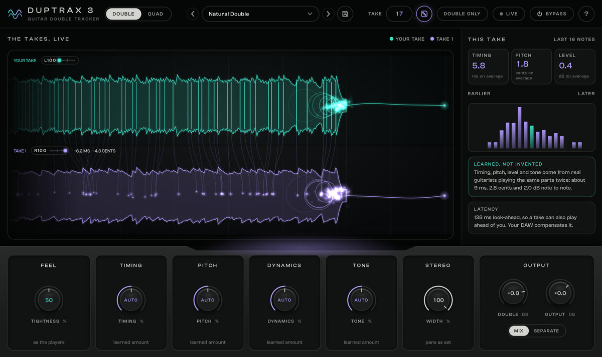 DupTraX 3 playing a double: your take and a new take, each note with its own timing, pitch and level