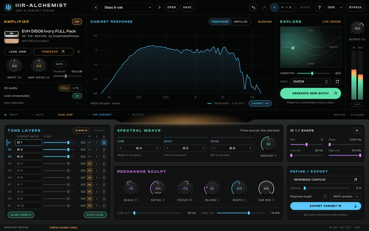 IIIR-Alchemist 3 with live Explore and cabinet response, amplifier, ten Tone Layers and export