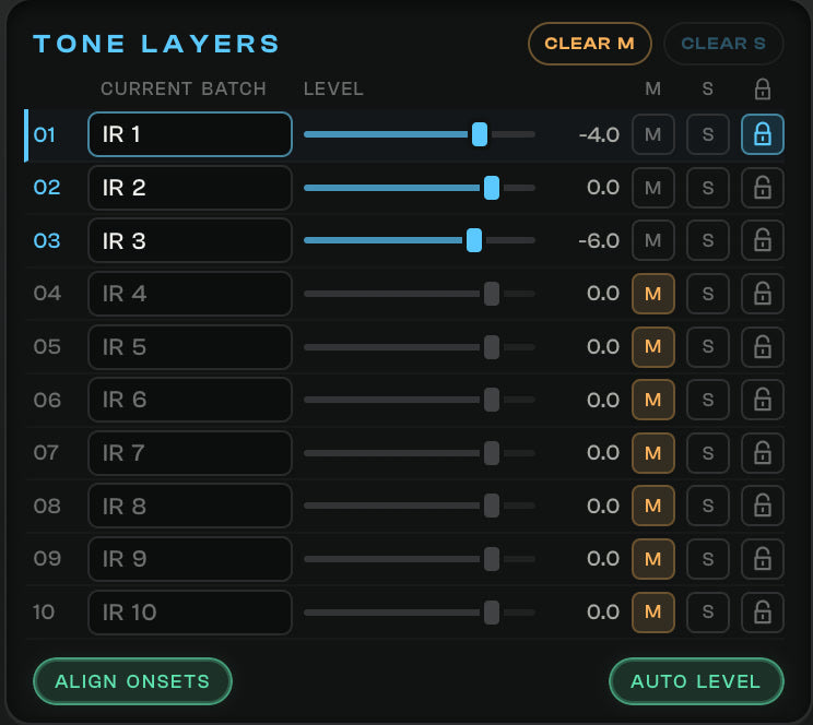 Tone Layers blending the current batch with level, mute, solo and lock controls