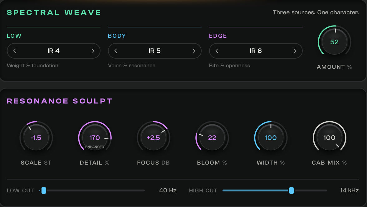 Spectral Weave amount and Resonance Sculpt controls shaping the cabinet