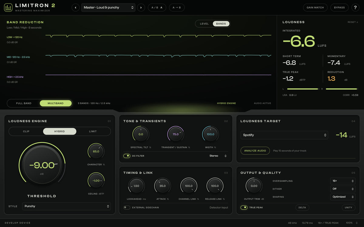 LIMITRON 2 Multiband mode and separate low, mid and high gain-reduction histories