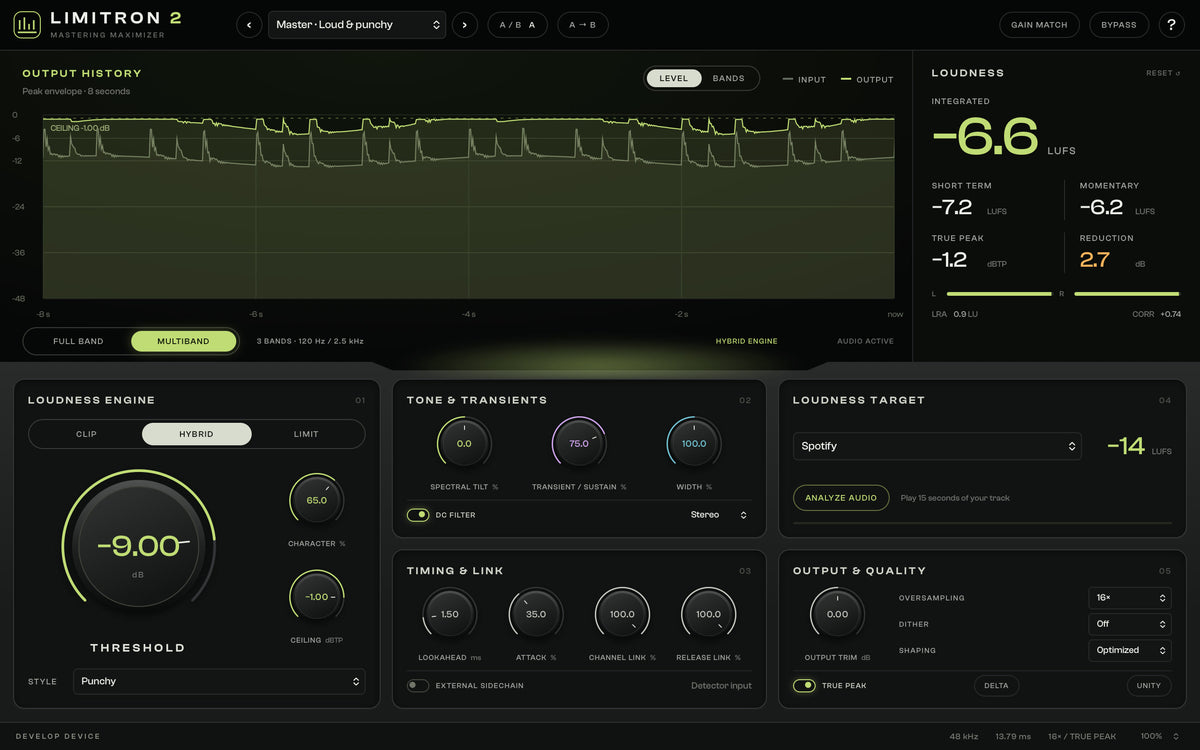 LIMITRON 2 with Output History, loudness meters, Hybrid engine and multiband processing