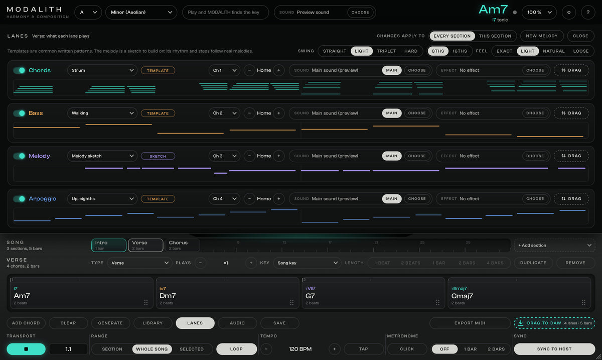 MODALITH Four lanes: Chords, bass, melody and arpeggio on your instruments