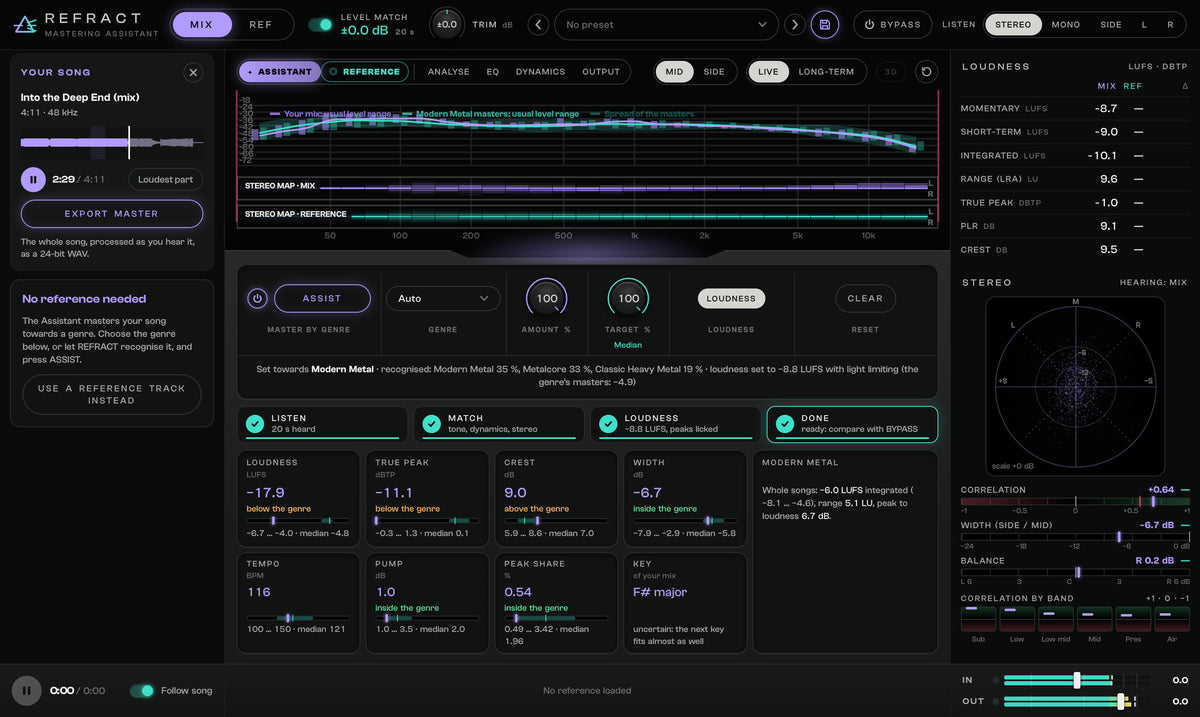 REFRACT Assistant after a run: tone, dynamics, stereo and loudness set towards the genre