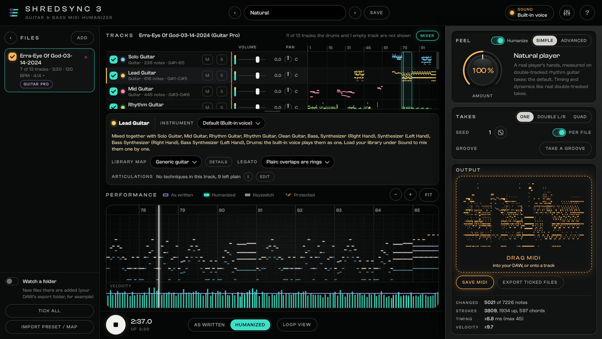 ShredSync 3 with an 11-track Guitar Pro song open: every guitar and bass track written for your library and humanized