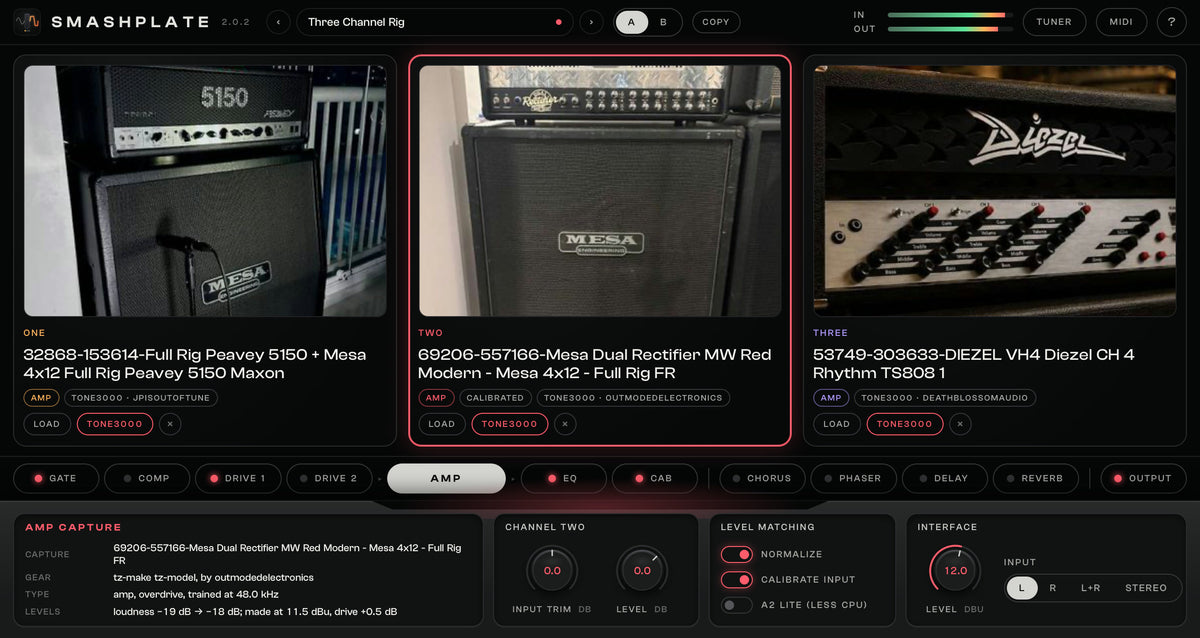 SMASHPLATE 2 with three TONE3000 amp captures loaded: a Peavey 5150 full rig, a Mesa Dual Rectifier full rig and a Diezel VH4, with the signal chain and the amp capture panel
