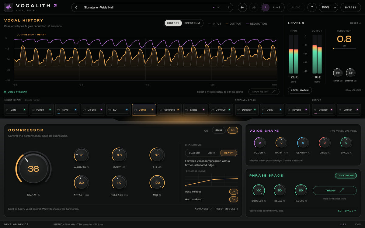 VOCALITH 2 native interface with fourteen-module chain, Heavy compressor, Voice Shape and Phrase Space