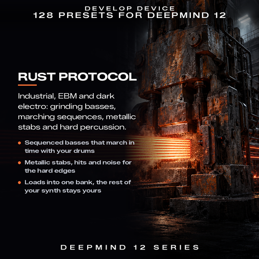 Rust Protocol DeepMind 12 preset pack for industrial, EBM and dark electro