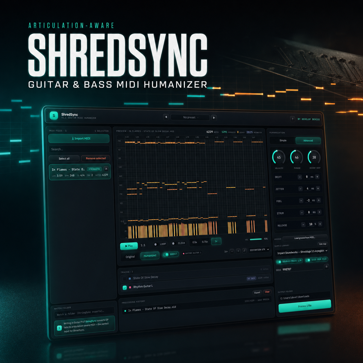 ShredSync desktop app: guitar and bass MIDI humanizer, included in the bundle