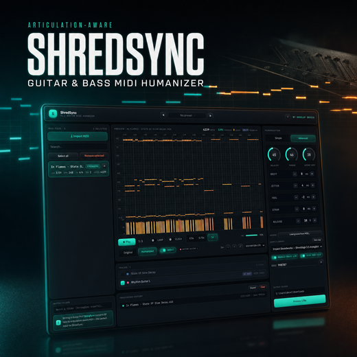 ShredSync desktop app: guitar and bass MIDI humanizer, included in the bundle