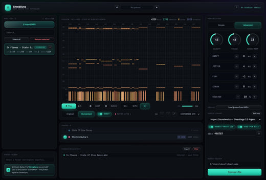 ShredSync main window: piano-roll preview, batch file queue and humanization panel