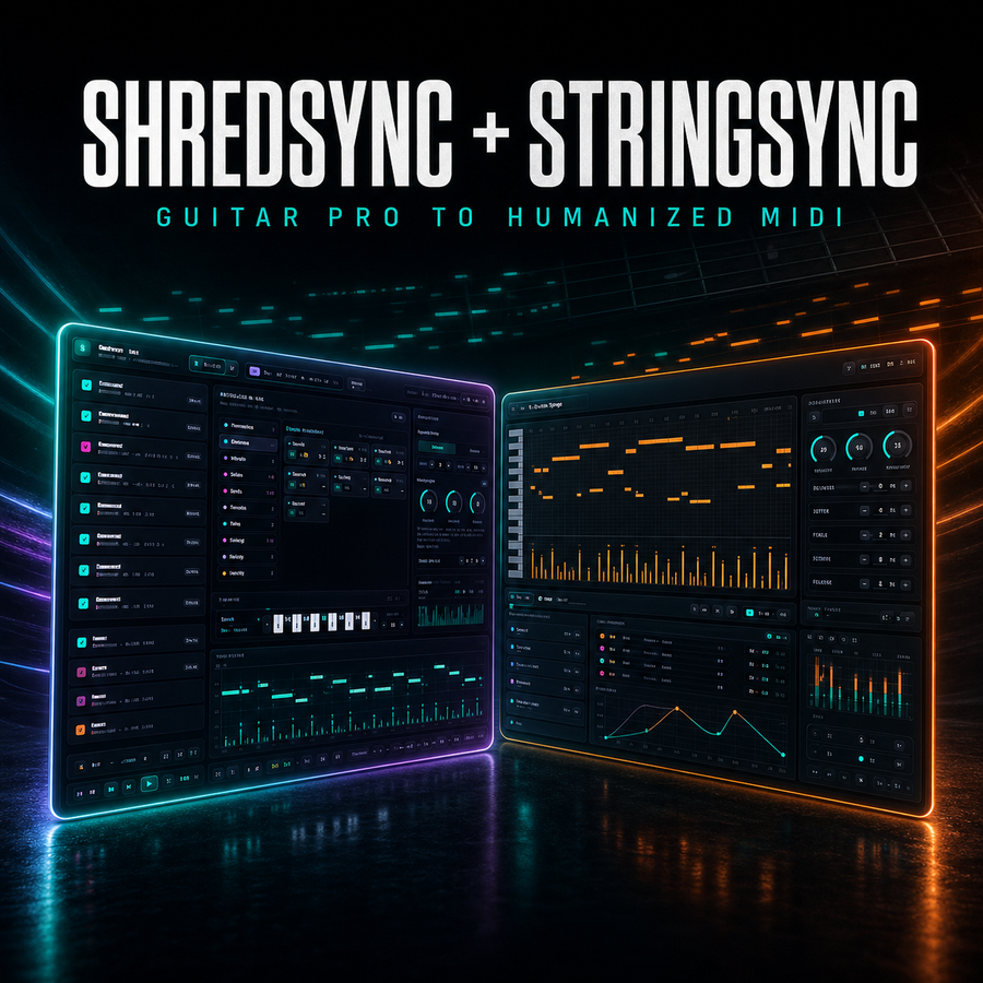 ShredSync + StringSync Bundle: both Develop Device desktop apps, Guitar Pro to humanized MIDI