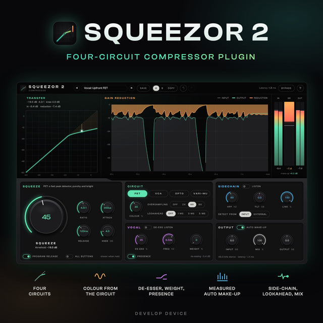 SQUEEZOR 2 compressor plugin with four circuits inspired by classic FET, VCA, opto and vari-mu designs, harmonic colour and a de-esser