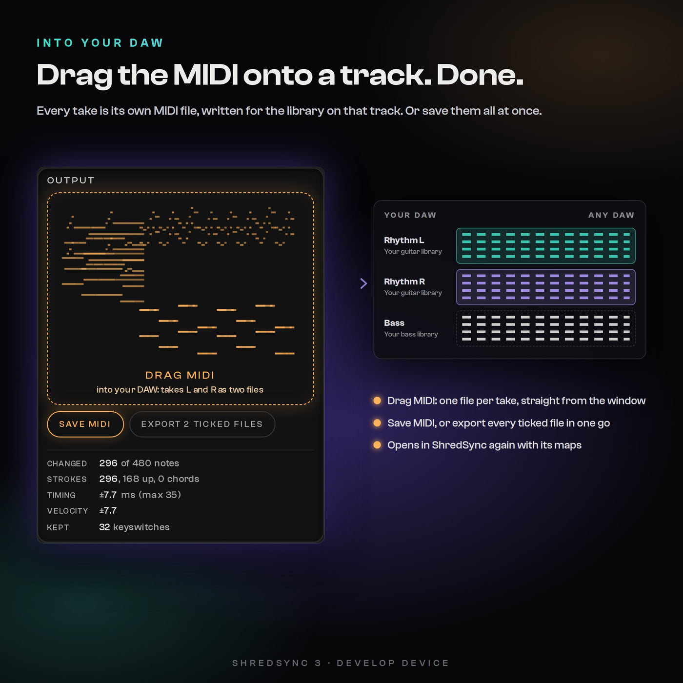 ShredSync 3 Into your DAW: One file per take, straight onto your track