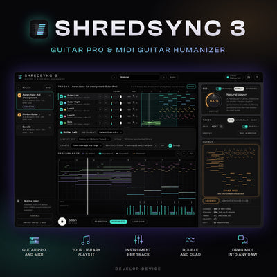 ShredSync 3 Guitar Pro and MIDI guitar humanizer app with an 11-track song loaded and your own guitar library playing it