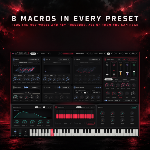 ArgWave 3 with the Stormwall choir preset Ethereal Voices loaded and its eight macros below