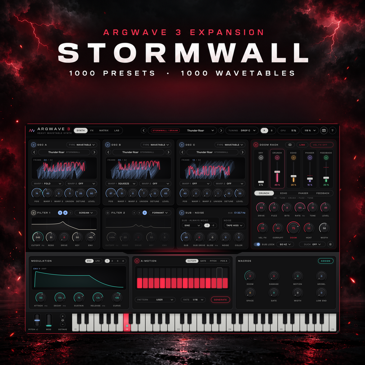 ArgWave 3 playing the Stormwall braam preset Thunder Roar, with the DOOM RACK on the right