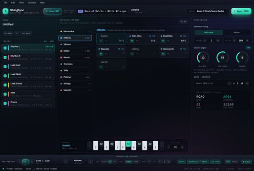 StringSync main window: articulation map, track list and conversion panel