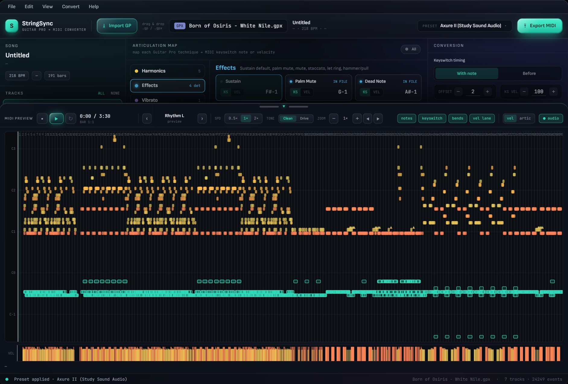 StringSync MIDI preview piano roll — notes, keyswitches and velocity lane of a real 7-track song